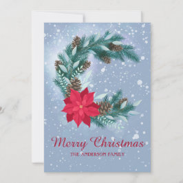 Tarjeta Festiva Correa de invierno, acuarela, poinsettia, cínes de