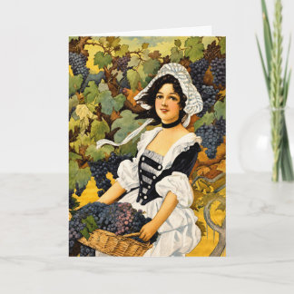 Tarjeta Festiva Cosecha de viñedo vintage con chica y cesta de uva