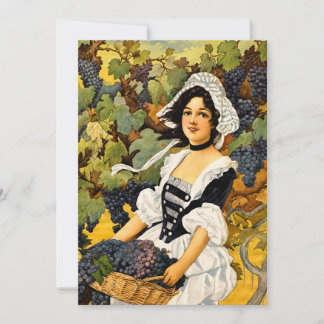 Tarjeta Festiva Cosecha de viñedo vintage con chica y cesta de uva
