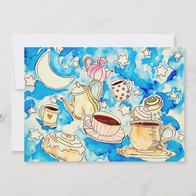 Tarjeta Festiva cosmic cinnamon rolls & coffee cups art (Anverso)