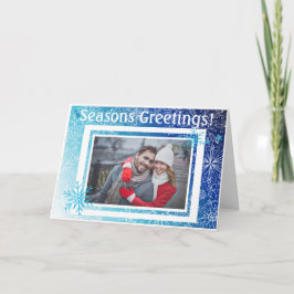 Tarjeta Festiva Costumbre moderna de vacaciones Foto azul y copos 