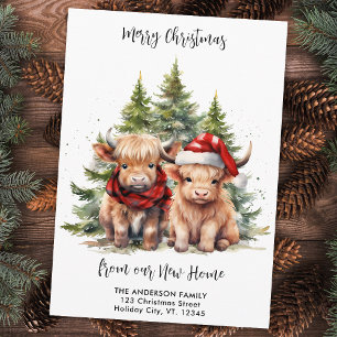Tarjeta Festiva Cosy Highland Cow Nueva dirección Navidades en mov