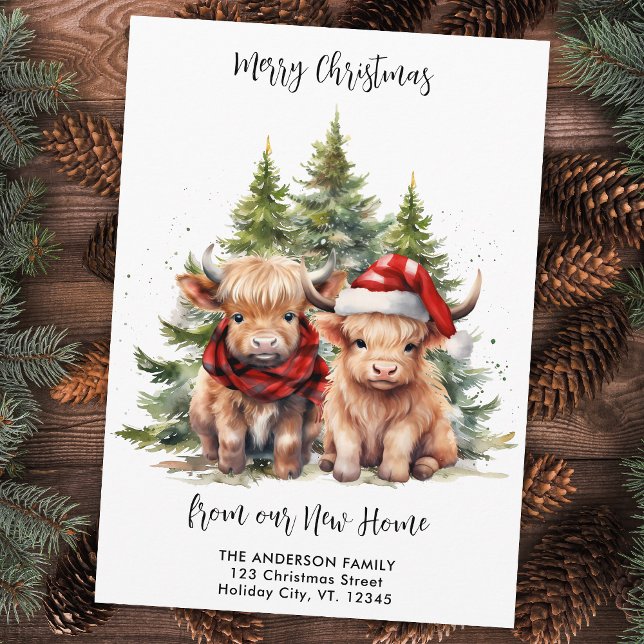 Tarjeta Festiva Cosy Highland Cow Nueva dirección Navidades en mov (Subido por el creador)