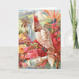 Tarjeta Festiva Cotorra Tropical Vintage y Arte Botánico de Rosa