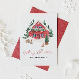Tarjeta Festiva Cottage rojo color agua en Navidades de bosques ne
