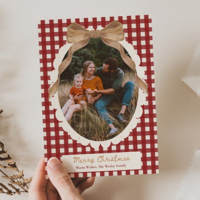 Tarjeta Festiva Country Red Gingham Bow Photo Christmas Card (Subido por el creador)