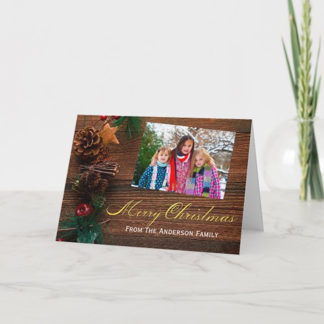 Tarjeta Festiva Country Rustic Wood Merry Christmas Photo (Anverso)