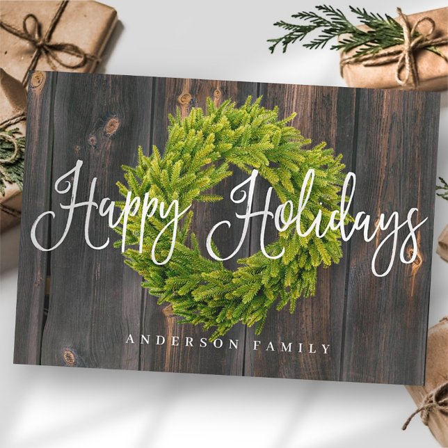 Tarjeta Festiva Country Rustic Wood Wreath Feliz Saludo de las Fie (Subido por el creador)