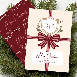 Tarjeta Festiva Couples Monogram Bow Rustic Non-Photo Holiday Card