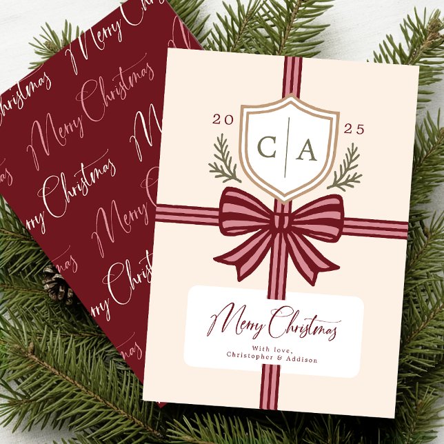 Tarjeta Festiva Couples Monogram Bow Rustic Non-Photo Holiday Card (Front and Back on a 5" x 7" card)