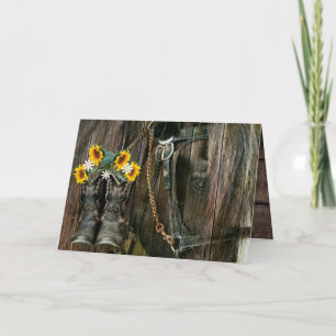 Tarjeta Festiva Cowboy Caballo Boots Girasoles Rústica Junta de Pa