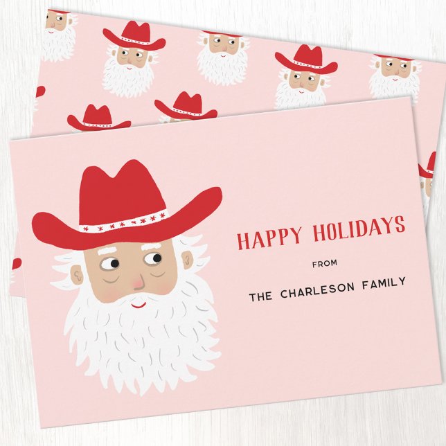 Tarjeta Festiva Cowboy Santa Claus Christmas Pink (Fun Cowboy Santa Claus Western Christmas custom text personalized Holiday card)