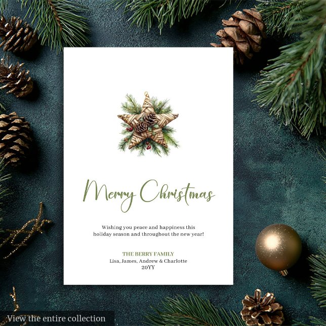 Tarjeta Festiva Cozy Boho Earthy Pine Wreath Christmas Greeting (Cozy Boho Earthy Pine Wreath Christmas Greeting Holiday Card)