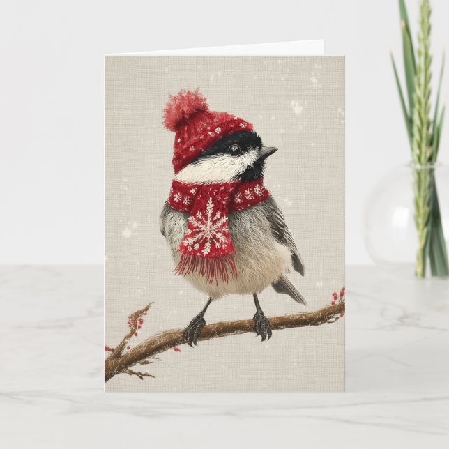 Tarjeta Festiva Cozy Chickadee Christmas (Anverso)