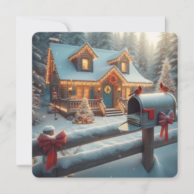 Tarjeta Festiva Cozy Christmas Cabin Winter Wonderland (Anverso)