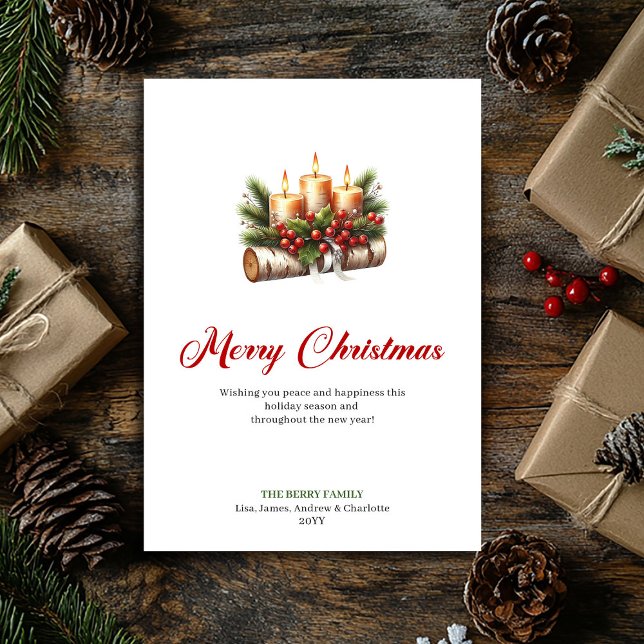 Tarjeta Festiva Cozy Christmas candles with holly berries card (Cozy Christmas candles with holly berries card)
