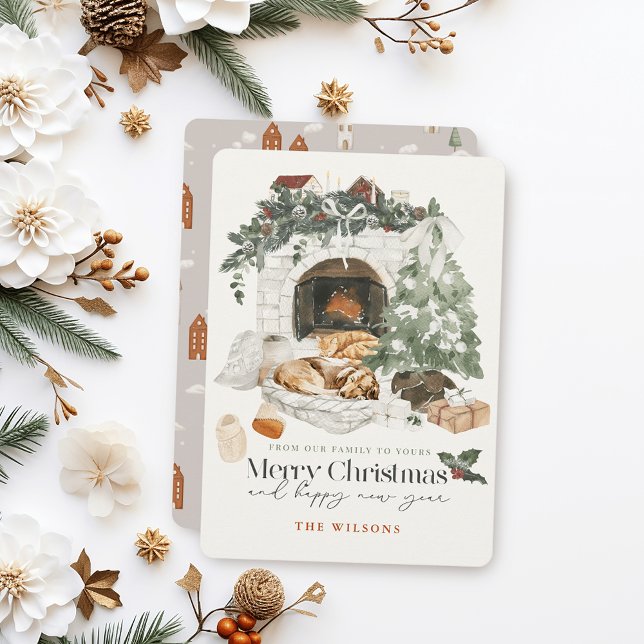 Tarjeta Festiva Cozy Fireplace Christmas Tree Cat & Dog Christmas (Subido por el creador)