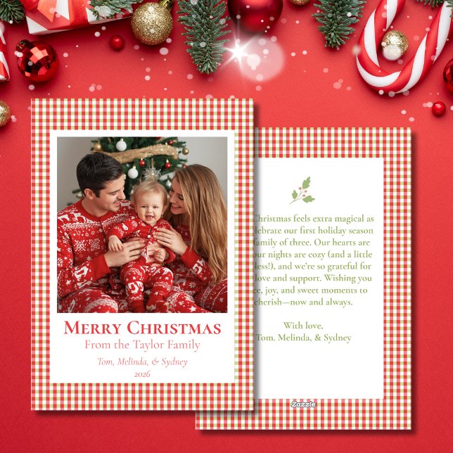 Tarjeta Festiva Cozy Gingham Christmas Card – Personalized Photo (Christmas Gingham Flat Holiday Photo Card)