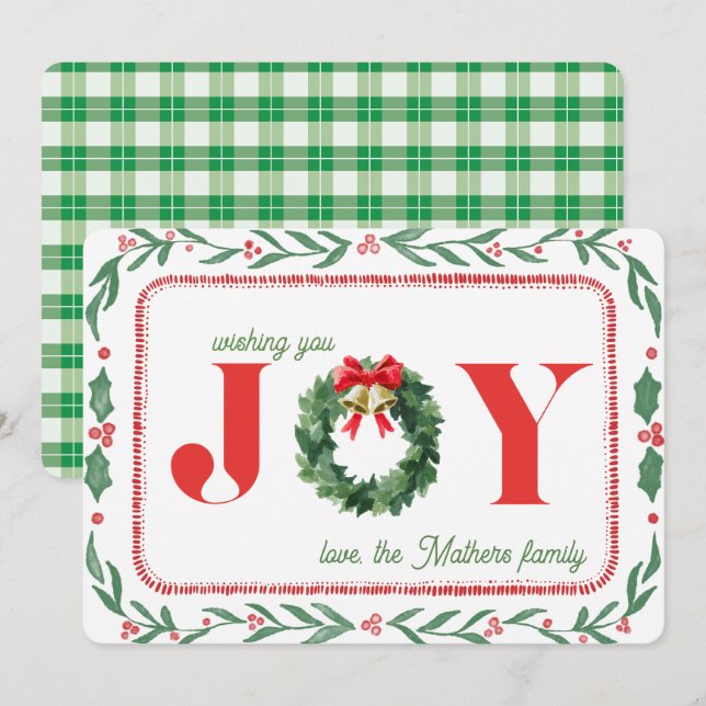 Tarjeta Festiva Cozy Green Plaid Christmas Joy (Anverso / Reverso)