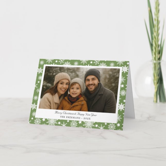 Tarjeta Festiva Cozy Green Snowflakes Christmas Photo (Anverso)