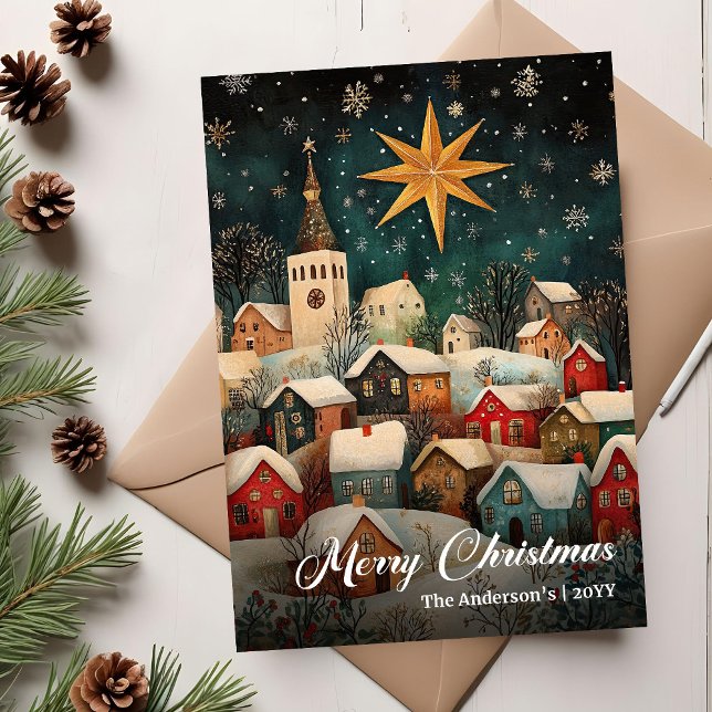 Tarjeta Festiva Cozy Nostalgic Christmas Village Scene Holiday (Cozy Nostalgic Christmas Village Scene Holiday)