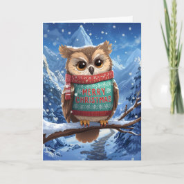 Tarjeta Festiva Cozy Owl in the Mountains Christmas Card