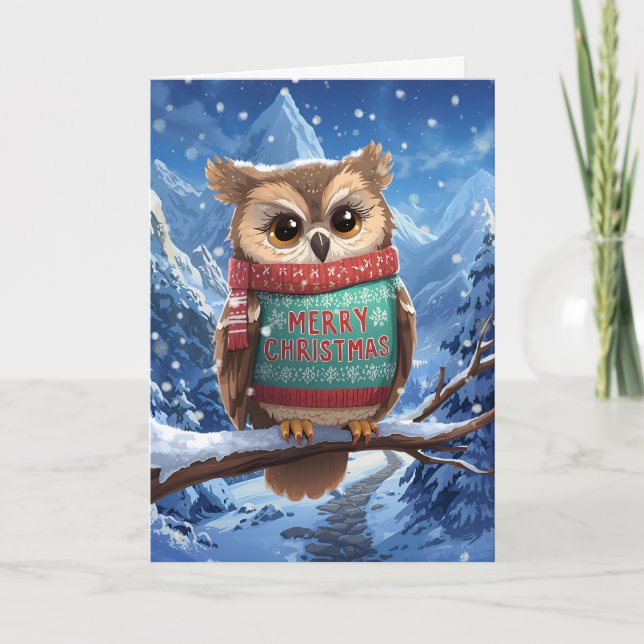 Tarjeta Festiva Cozy Owl in the Mountains Christmas Card (Anverso)