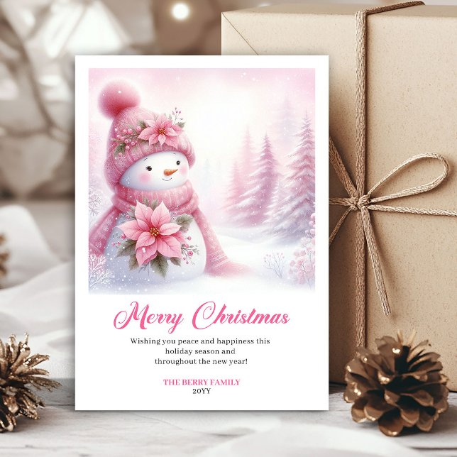 Tarjeta Festiva Cozy pink snowman Christmas kids card instant down (Cozy pink snowman Christmas kids card instant download)