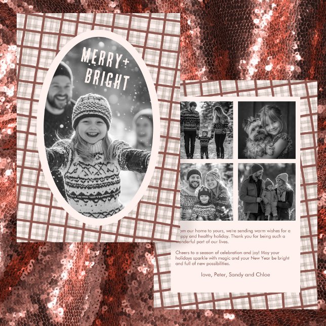 Tarjeta Festiva Cozy Plaid Gingham Christmas Custom Photo Collage (Cozy Plaid Gingham Neutral Brown Christmas Custom Photo Collage Holiday Card
)