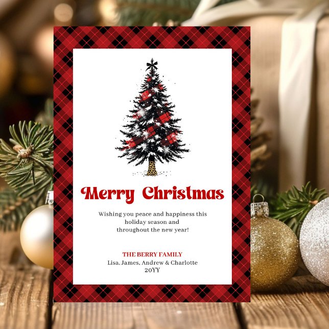 Tarjeta Festiva Cozy Red Black Tartan Christmas Tree Greeting (Cozy Red Black Tartan Christmas Tree Greeting)