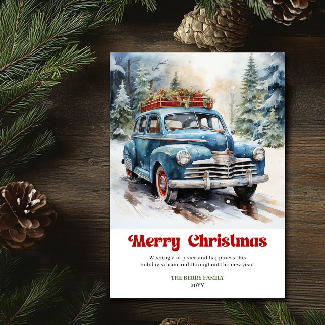 Tarjeta Festiva Cozy rustic Christmas scene old fashioned car (Cozy rustic Christmas scene old fashioned Christmas car)