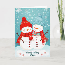Tarjeta Festiva Cozy Snowmen Couple Warmest Holiday Wishes Card