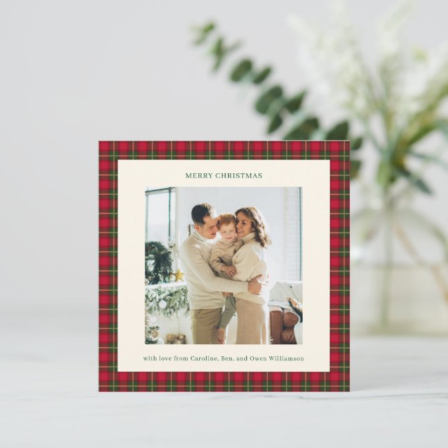 Tarjeta Festiva Cozy Traditional Red Plaid Christmas Photo Classic (Anverso de pie)