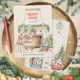 Tarjeta Festiva Cozy Watercolor Mice Vintage Christmas