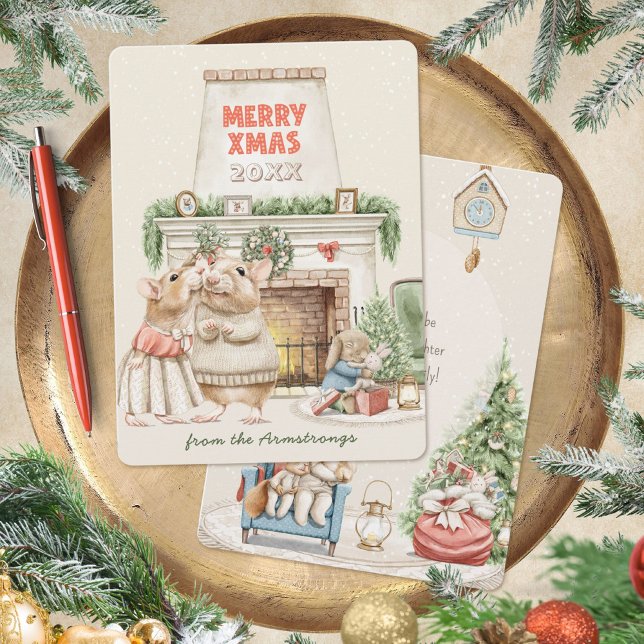 Tarjeta Festiva Cozy Watercolor Mice Vintage Christmas (Cozy Watercolor Mice Vintage Holiday Greeting ©Susanne Sachers - Sunny Mind 🌞)