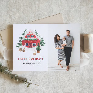 Tarjeta Festiva Cozy Watercolor Rojo Holiday Cottage Foto
