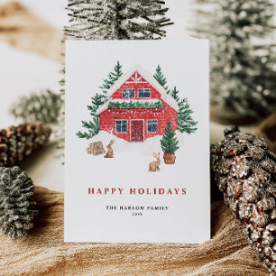 Tarjeta Festiva Cozy Watercolor Rojo Holiday Rústico