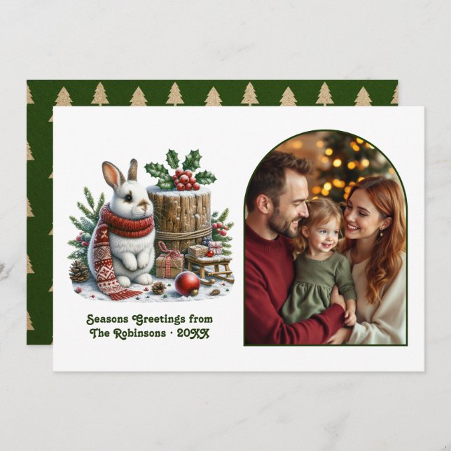 Tarjeta Festiva Cozy Woodland Bunny Family Christmas Photo (Anverso / Reverso)