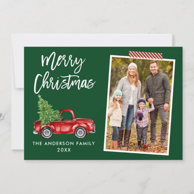 Tarjeta Festiva Craft Tape Brush Script Red Truck Navidades Green (Anverso)
