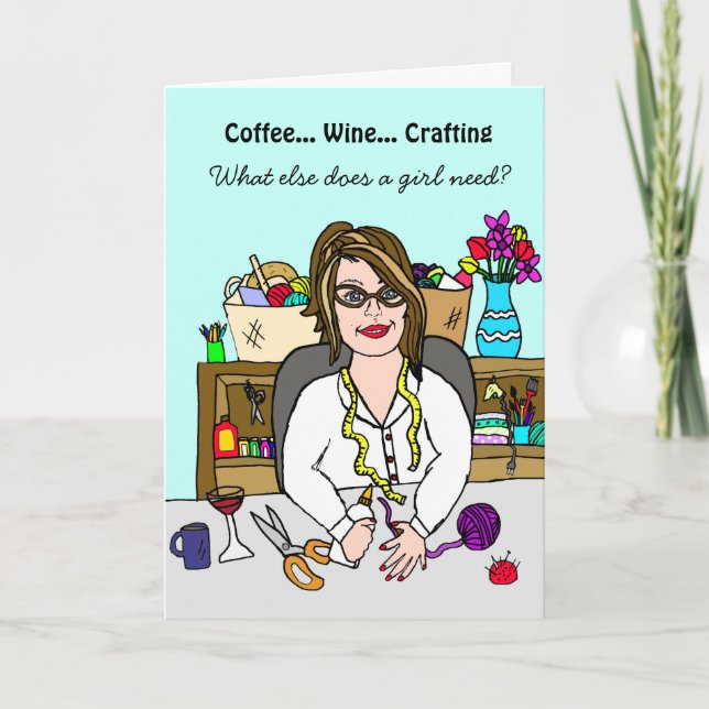 Tarjeta Festiva Crafting Card Wine, Coffee and Crafting (Anverso)