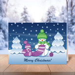 Tarjeta Festiva Crafty Snowman Knitus Scarf<br><div class="desc">Ilustracion vectorial de dos adorables hombres de nieve personalizado vestidos con gorras de punto y bufandas. El gran muñeco de nieve artesanal está tejiendo un pañuelo demasiado grande para el pequeño. La bufanda ya está envuelta varias veces alrededor del lindo muñeco de nieve.</div>