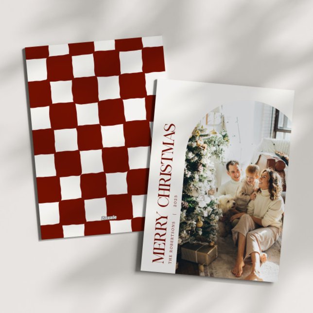 Tarjeta Festiva Cranberry Checkered Navidades foto familiar (Subido por el creador)