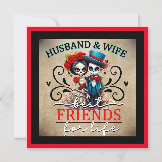 Tarjeta Festiva Cráneo de Azúcar de Pareja Linda (Anverso)