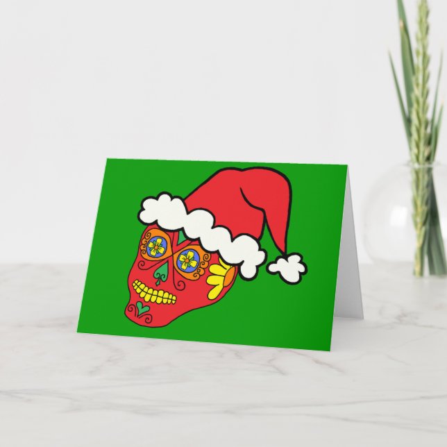 Tarjeta Festiva Cráneo de azúcar de Santa (Anverso)