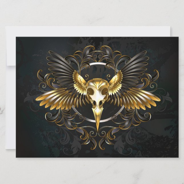 Tarjeta Festiva Cráneo de pájaro dorado sobre fondo negro (Anverso)
