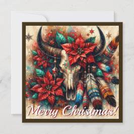 Tarjeta Festiva Cráneo de vaca del suroeste Poinsettias Desierto F