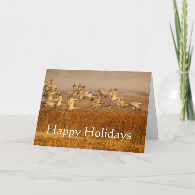 Tarjeta Festiva Cranes over golden field, Happy Holidays (Anverso)