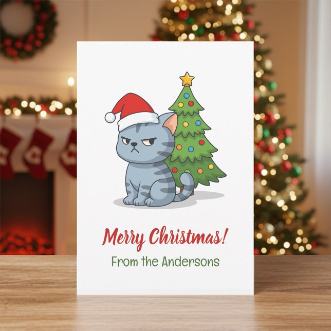 Tarjeta Festiva Cranky Grey Tabby Cat Red Hat Christmas Tree (Subido por el creador)