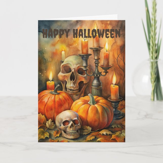 Tarjeta Festiva Cránulos y calabazas aterradoras de Halloween (Anverso)