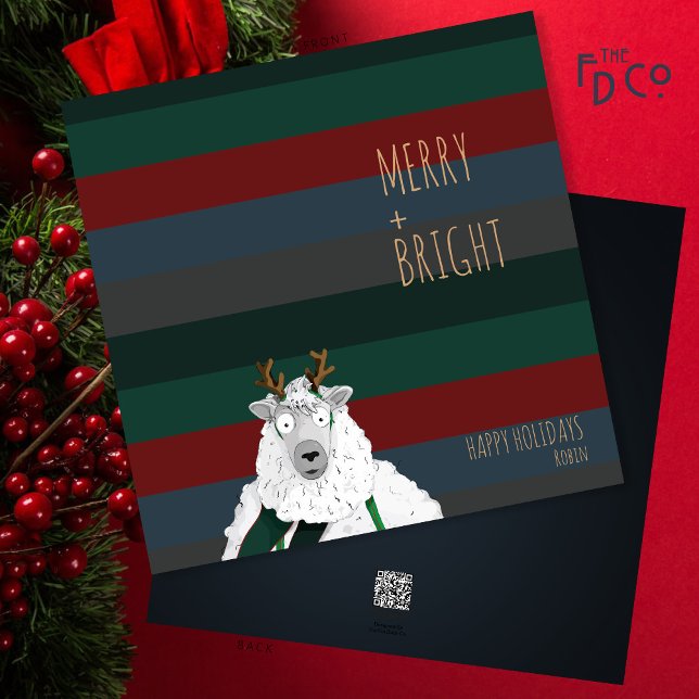 Tarjeta Festiva Crazy Cute oveja "Merry + Bright" (Subido por el creador)